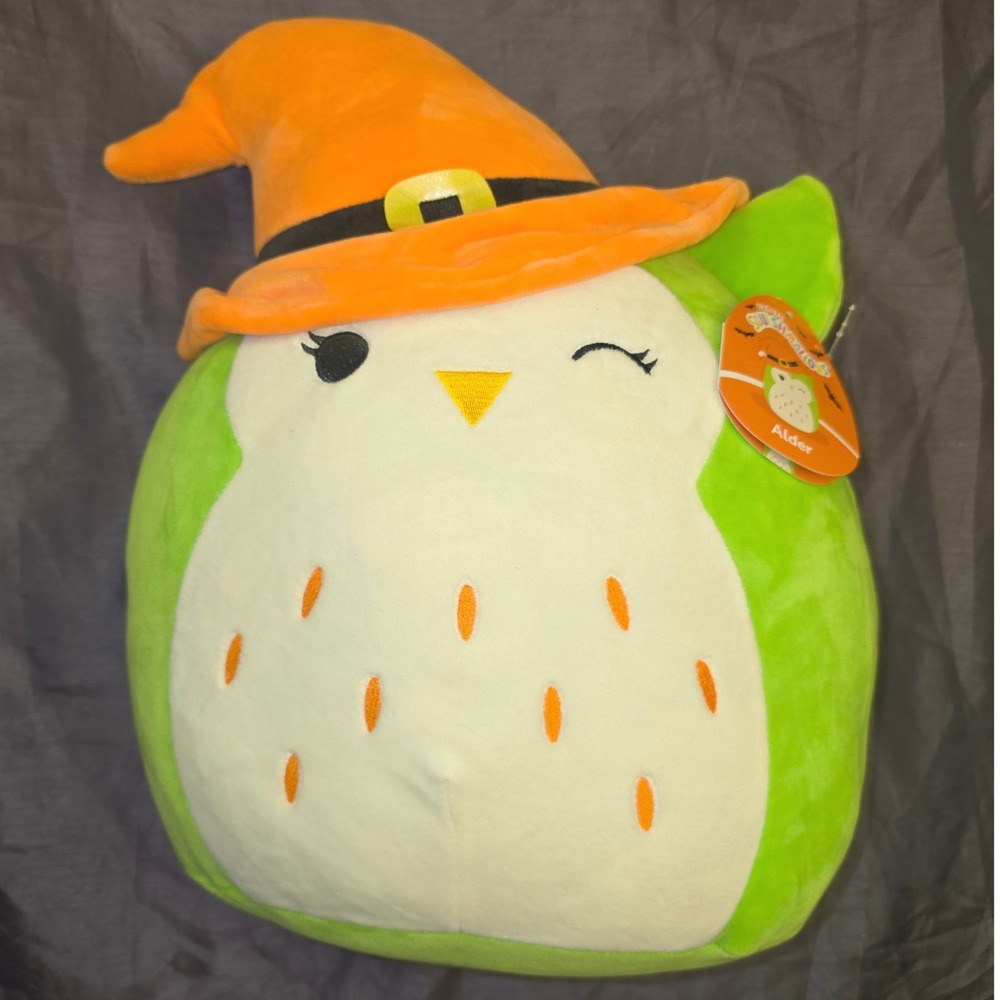 Squishmallows 14 inch Alder Lime Green Owl with Witch Hat Halloween Plush NWT